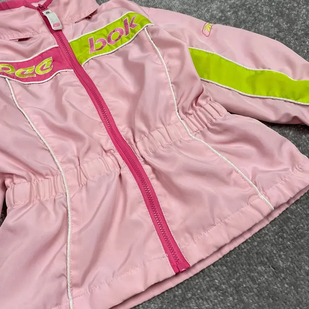 Reebok Toddler Girls Windbreaker Jacket 4T Pink Green Hooded Full Zip Retro y2k